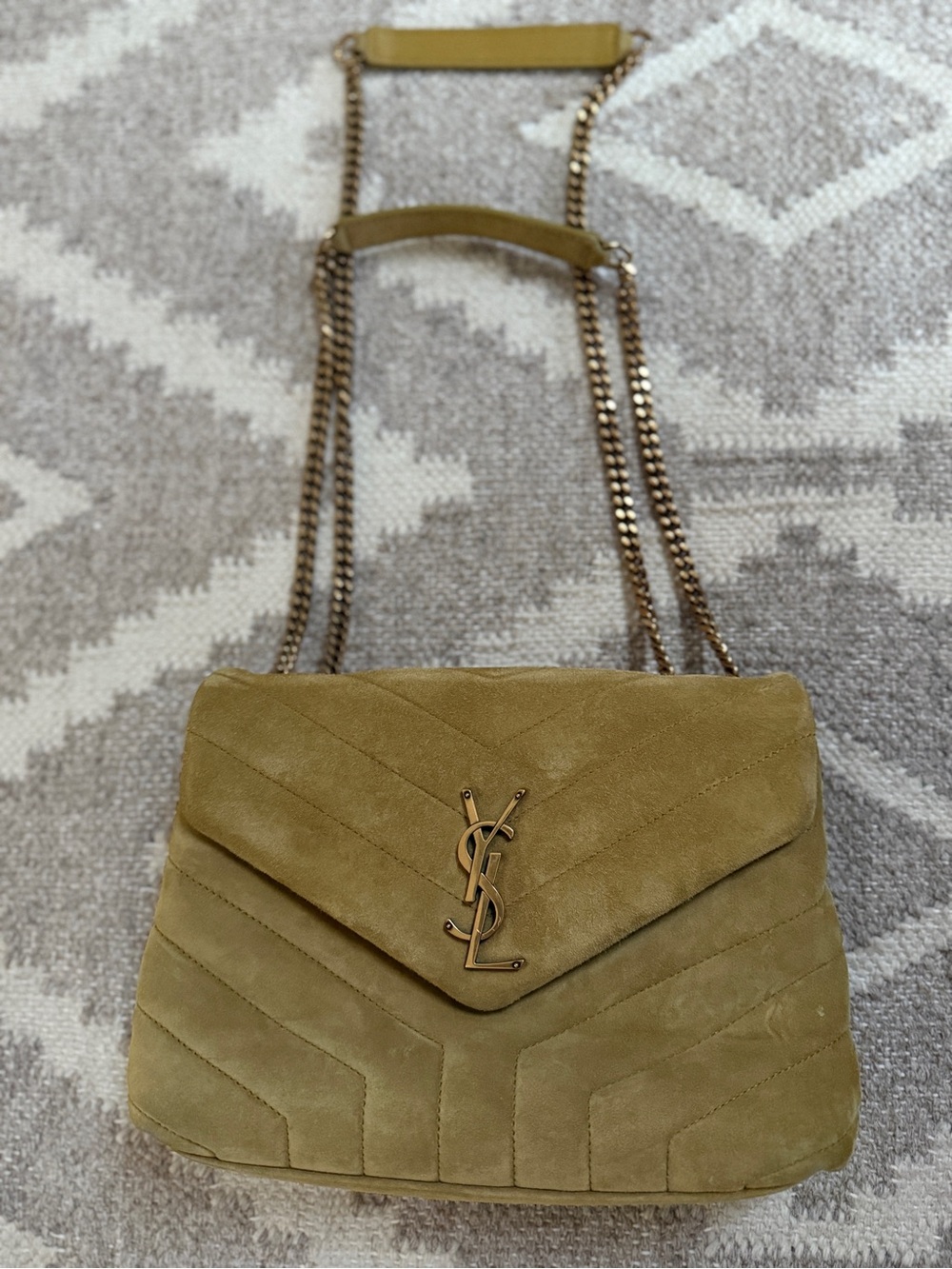Authentic YSL Saint Laurent Suede LouLou Chain Shoulder Bag Yellow Gold Hardware